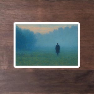 May include: A sticker with a painting of a figure in a field. The artwork depicts a person in a dark coat in a misty green field, with blue trees and a hazy sky. The image creates a feeling of isolation.