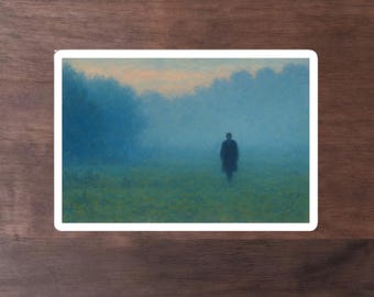 May include: A sticker featuring an atmospheric landscape painting. A solitary figure in a dark coat stands in a misty green field, with blue trees and a hazy sky in the background. The artwork evokes a sense of solitude.