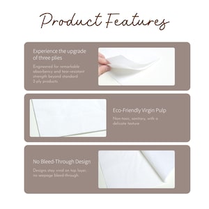 May include: Image showcasing product features. Text highlights three-ply construction, remarkable absorbency, and tear-resistant strength. Additional text describes an eco-friendly virgin pulp with a delicate texture and a no bleed-through design.