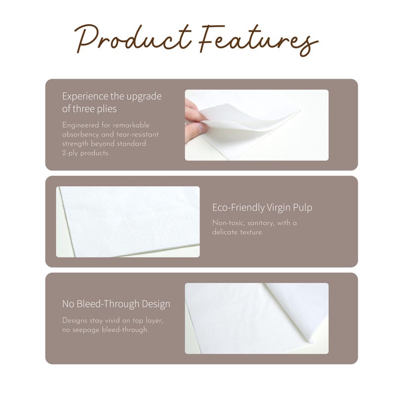 May include: Image showcasing product features. Text highlights three-ply construction, remarkable absorbency, and tear-resistant strength. Additional text describes an eco-friendly virgin pulp with a delicate texture and a no bleed-through design.