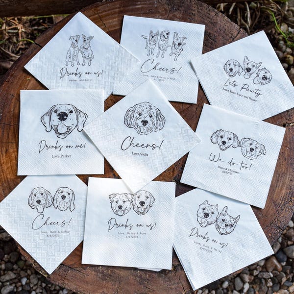 Benutzerdefinierte Haustier-Hochzeits-Cocktailservietten, personalisiertes Haustierporträt für 1–3 Hunde oder Katzen, farbenfrohes Hochzeitszubehör
