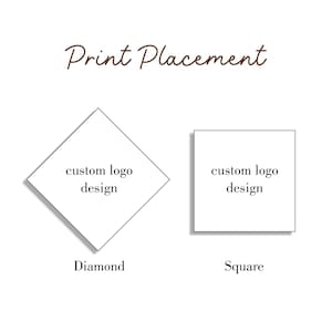 May include: Image showing print placement options. The text "Print Placement" is in a cursive font. Below, a diamond and a square shape are displayed, each with the text "custom logo design". The diamond is labeled "Diamond" and the square is labeled "Square".