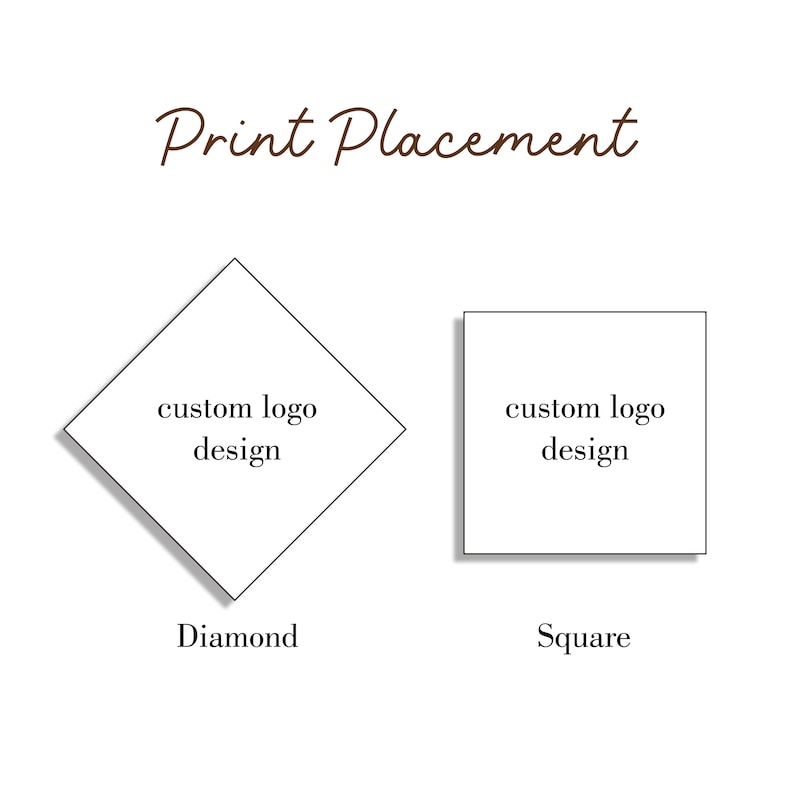 May include: Image showing print placement options. The text "Print Placement" is in a cursive font. Below, a diamond and a square shape are displayed, each with the text "custom logo design". The diamond is labeled "Diamond" and the square is labeled "Square".