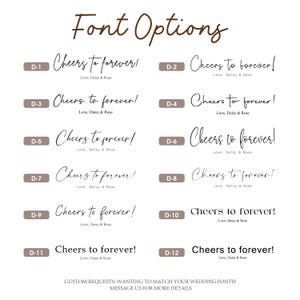 May include: A graphic displaying 12 font options for wedding invitations. Each option shows the phrase "Cheers to forever!" in a different font style, with the text "Love, Daisy & Rose" below. The words "Font Options" are at the top.