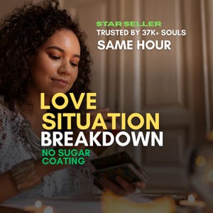 May include: Image features a woman with curly hair holding tarot cards. Text overlay reads "LOVE SITUATION BREAKDOWN" and "NO SUGAR COATING." Additional text states "STAR SELLER" and "TRUSTED BY 37K+ SOULS." The image has a warm, inviting color palette.