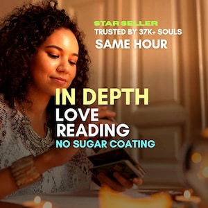 May include: An image featuring a woman with curly hair, holding tarot cards. Text overlay reads "STAR SELLER", "TRUSTED BY 37K+ SOULS", "SAME HOUR", "IN DEPTH LOVE READING", and "NO SUGAR COATING". The image has a warm, inviting color palette.
