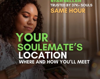May include: A woman with curly hair looks down at a deck of cards. The image has text that reads "Your Soulemate's Location Where and How You'll Meet." Additional text says "Star Seller Trusted by 37K+ Souls Same Hour."