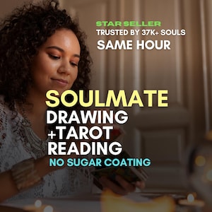 Puede incluir: Imagen de una mujer con cabello rizado sosteniendo cartas del tarot. El texto superpuesto dice "SOULMATE DRAWING + TAROT READING" y "NO SUGAR COATING". Texto adicional indica "STAR SELLER" y "TRUSTED BY 37K+ SOULS" con "SAME HOUR".