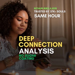 May include: A woman with curly hair looks down at a deck of cards. The image includes text that reads "STAR SELLER", "TRUSTED BY 37K+ SOULS", "SAME HOUR", "DEEP CONNECTION ANALYSIS", and "NO SUGAR COATING".