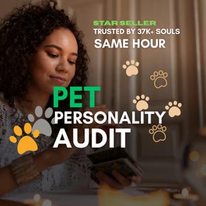 May include: Image promoting a pet personality audit. The text reads "Star Seller, Trusted by 37K+ Souls, Same Hour." The words "Pet Personality Audit" are in large green and white letters. Paw prints are scattered across the image.