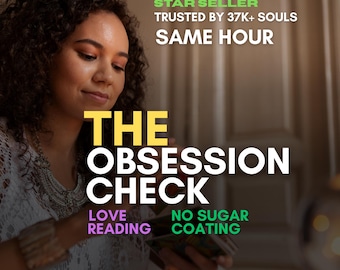 May include: An image featuring a woman with curly hair, holding tarot cards. The text overlay reads "THE OBSESSION CHECK" in large white letters with a yellow background. Additional text includes "STAR SELLER", "TRUSTED BY 37K+ SOULS", "SAME HOUR", "LOVE READING", and "NO SUGAR COATING".