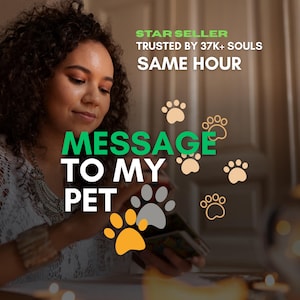 Peut inclure: Image avec le texte "MESSAGE TO MY PET" en vert et blanc, avec des empreintes de pattes. Les mots "STAR SELLER" et "TRUSTED BY 37K+ SOULS" sont également visibles. Une personne tient un jeu de cartes.
