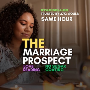 Puede incluir: Imagen de una mujer con cabello rizado sosteniendo cartas del tarot. Superposición de texto: "THE MARRIAGE PROSPECT", "LOVE READING" y "NO SUGAR COATING". Texto adicional: "STAR SELLER" y "TRUSTED BY 37K+ SOULS."