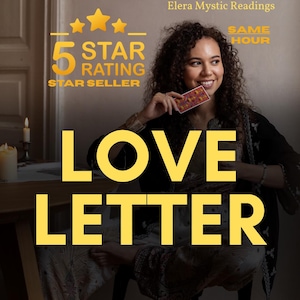 May include: Image promoting "Love Letter" readings. The image features a woman holding a card, with text overlay including "5 Star Rating Star Seller" and "Same Hour". The background includes a lit candle and the text "Elera Mystic Readings".