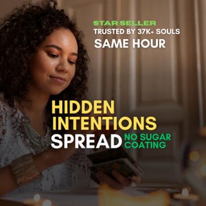 May include: A woman with curly hair examines tarot cards. The image features text: "STAR SELLER", "TRUSTED BY 37K+ SOULS", "SAME HOUR", "HIDDEN INTENTIONS", "SPREAD", and "NO SUGAR COATING".