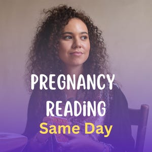 May include: A woman with curly hair looks to the side. The image has text that reads "PREGNANCY READING Same Day" in white and yellow font over a purple gradient background.