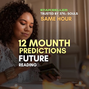 May include: A woman with curly hair is holding tarot cards. The image includes text that reads "STAR SELLER", "TRUSTED BY 37K+ SOULS", and "SAME HOUR". Additional text states "12 MONTH PREDICTIONS FUTURE READING".