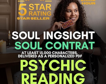 Puede incluir: Imagen que promociona lecturas psíquicas. El texto incluye "5 STAR RATING STAR SELLER", "SOUL INGSIGHT", "SOUL CONTRAT", "PSYCHIC READING" y "AT LEAST 15,000 CHARACTERS, DELIVERED AS A PERSONALIZED PDF". Una mujer sostiene una carta.