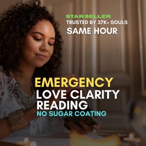May include: A woman with curly hair is looking at a deck of cards. The image includes text that says "STAR SELLER", "TRUSTED BY 37K+ SOULS", "SAME HOUR", "EMERGENCY LOVE CLARITY READING", and "NO SUGAR COATING".