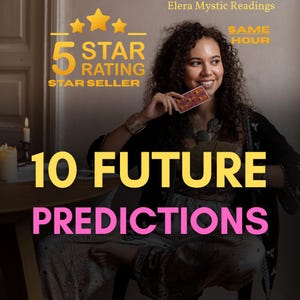 Può includere: Immagine che promuove Elera Mystic Readings. L'immagine presenta una donna che tiene in mano una carta, con testo sovrapposto: "5 STAR RATING STAR SELLER" e "10 FUTURE PREDICTIONS". È visibile anche il testo "SAME HOUR".