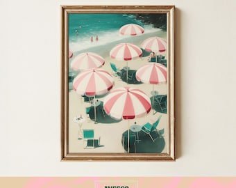 Vintage Beach Poster Print | Pink Umbrella Print | Coastal Italian Beach Art