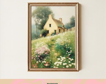 Vintage Spring Cottage Painting | Flowers Garden Print | English Cottage Decor