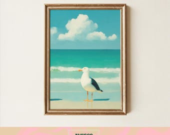 Zomerschilderij zeemeeuw | Muurkunst kustvogel | Cadeau oceaanliefhebber | Stranddecoratie