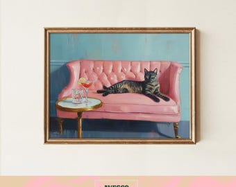 Tabby Cat Cocktail Art Print | Pink Sofa Bar Decor (Digital Download)