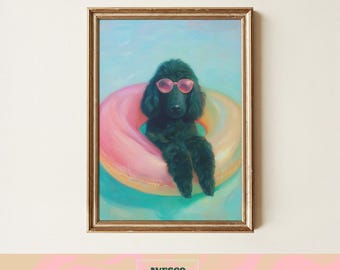 May include: A framed print depicting a black poodle wearing pink sunglasses, relaxing in a pink and yellow inflatable ring in a pool. The print is in a gold frame, with "AVESCO PRINTS" at the bottom.