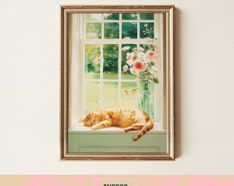 Ginger Cat Art Print | Sleeping Feline by Floral Window