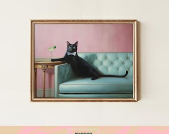 蝶ネクタイをした黒猫のアートプリント | バーカートの装飾 | 猫のドリンクカクテル