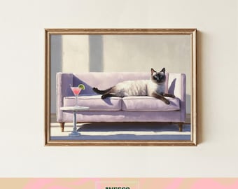 Siamese Cat With Martini Art Print | Modern Cat Lover Decor | Trendy Poster