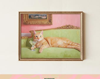 Ginger Cat Martini Art Print | Quirky Wall Decor | Gift for Cat Lovers (Digital Download)