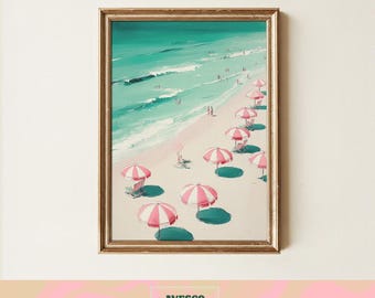 海岸の夏のプリント｜ピンクのストライプのビーチパラソルのポスター｜イタリアのウォールアート
