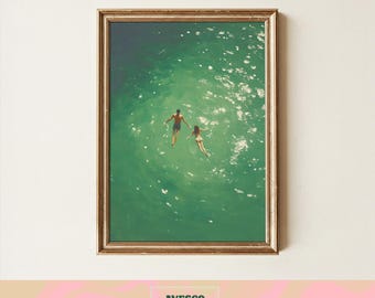 Couple Swimming Poster | Retro Couple Wall Art | Vintage Coastal Decor