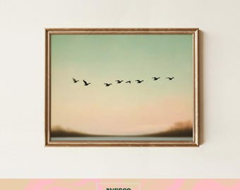 Vintage Vogel Flockdruck | Minimalistische Flockmalerei | Sonnenuntergang Fliegende Vögel Kunst