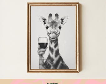 Giraffe with Wine Print | Funny Kitchen Decor | Giraffe Lovers Gift