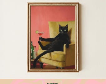 Black Cat Martini Art Print | Vintage Oil Painting (Digital Download)