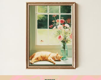 Sleeping Orange Cat Art Print | Floral Feline Wall Decor (Digital Download)