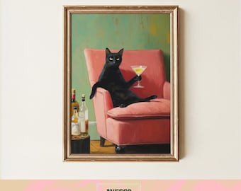Black Cat Martini Art Print | Whimsical Cocktail Poster (Digital Download)
