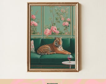Tiger On Green Couch Art Print | Quirky Wall Decor | Trendy Poster