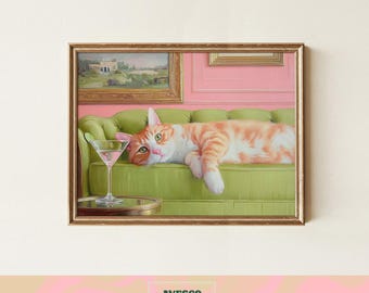 Ginger Cat Martini Art Print | Quirky Wall Decor (Digital Download)