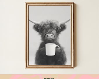 Cow with Coffee Print | Funny Kitchen Decor | Coffee Lovers Gift