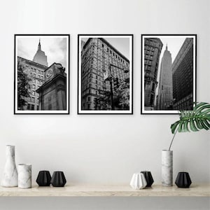 Conjunto de 3, póster de Nueva York, monumento, edificios, Wall Street, Empire State, arquitectura, blanco y negro, decoración de pared, decoración del hogar, pósteres, arte