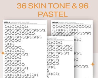 May include: A black and white printable chart with the text "OHUHU 320+ 36 Skin Tone & 96 Pastel" at the top. The chart is divided into sections with the text "Chromatic Order Color Chart" and "Color Chart". Each section contains a grid of small cat-shaped outlines.