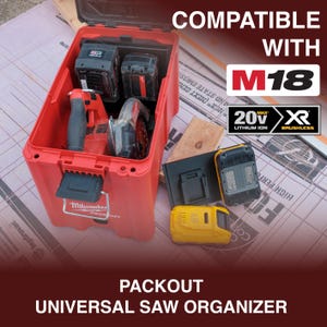 May include: A red Milwaukee Packout tool box containing power tool batteries and a saw, with text reading COMPATIBLE WITH M18, 20V MAX XR BRUSHLESS, and PACKOUT UNIVERSAL SAW ORGANIZER. Two yellow and black batteries sit outside the box.