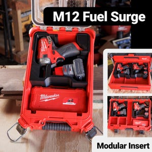 May include: Red Milwaukee M12 Fuel Surge tool case with a black and red drill and battery inside. The case has a removable insert with a Milwaukee logo. The text "Modular Insert" is visible below the case.