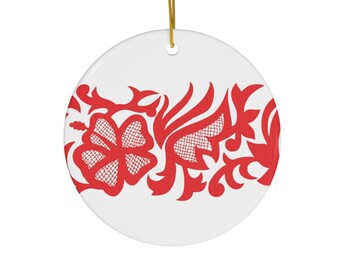 Red Panama Pollera Print Round Ceramic Ornament