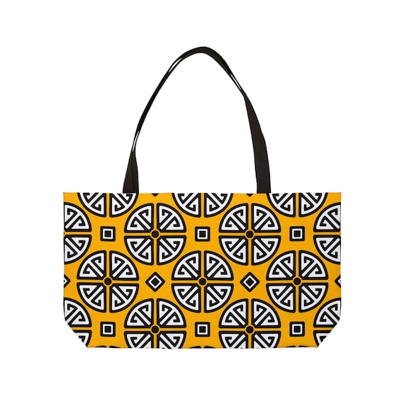 Geometric Medallion Pattern Weekender Tote Bag | Yellow Black Tile Design
