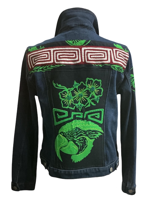 Upcycled Denim Jacket: Boho Mola Applique Geometric Jean Jacket M